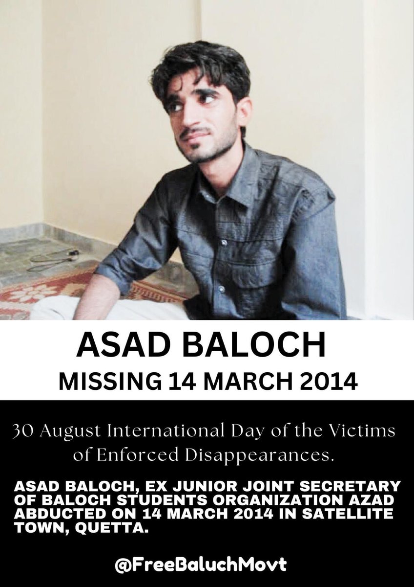 FreeBaluchMovt's tweet photo. Asad Baloch, Ex junior joint secretary of #BSO_Azad, who was abducted by the Pakistani secretive agency 9 Years ago.
#Enforced_Disappearances_Day
#30thAug
#BalochMissingPersons https://t.co/fndD7OCPSS