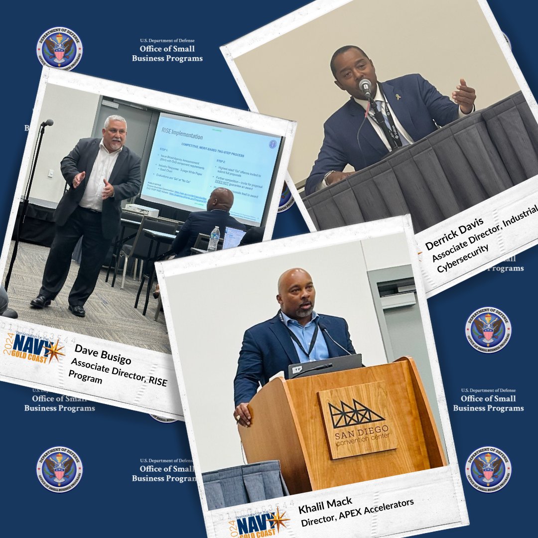 BusinessDefense's tweet image. Tuesday highlights from OSBP leaders at #NavyGC24:
💡Khalil Mack moderated an #APEXAccelerators panel with 5 PMs
💻Derrick Davis spoke about #cybersecurity readiness
👩‍💼Dave Busigo briefed how RISE helps #smallbiz rapidly deliver #innovation to #DoD