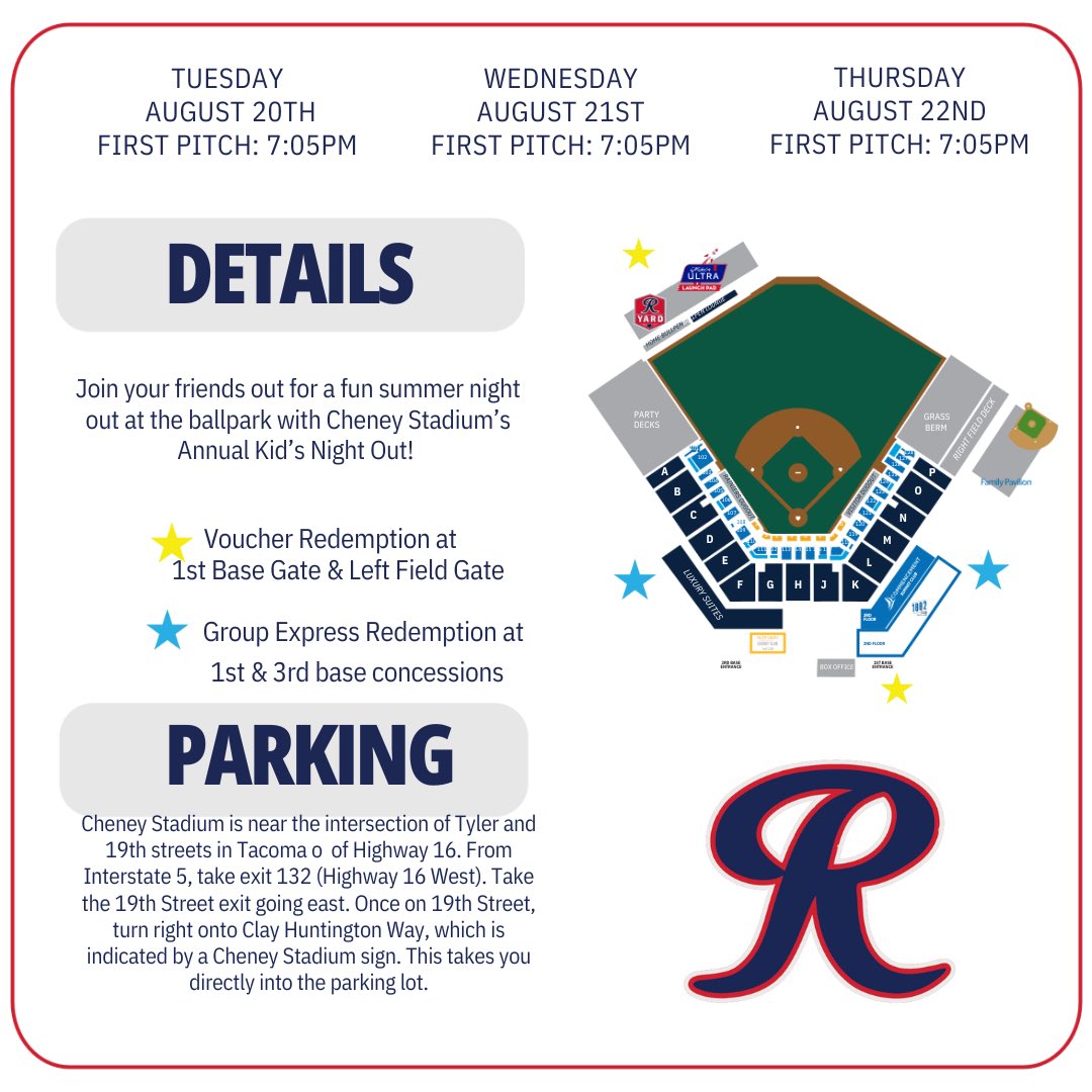 Did you receive tickets to the Rainier’s Kid’s Night Game from us a couple weeks ago? Well, it’s coming up this Thursday, August 22. Here are more details for that what exactly is included with the ticket.