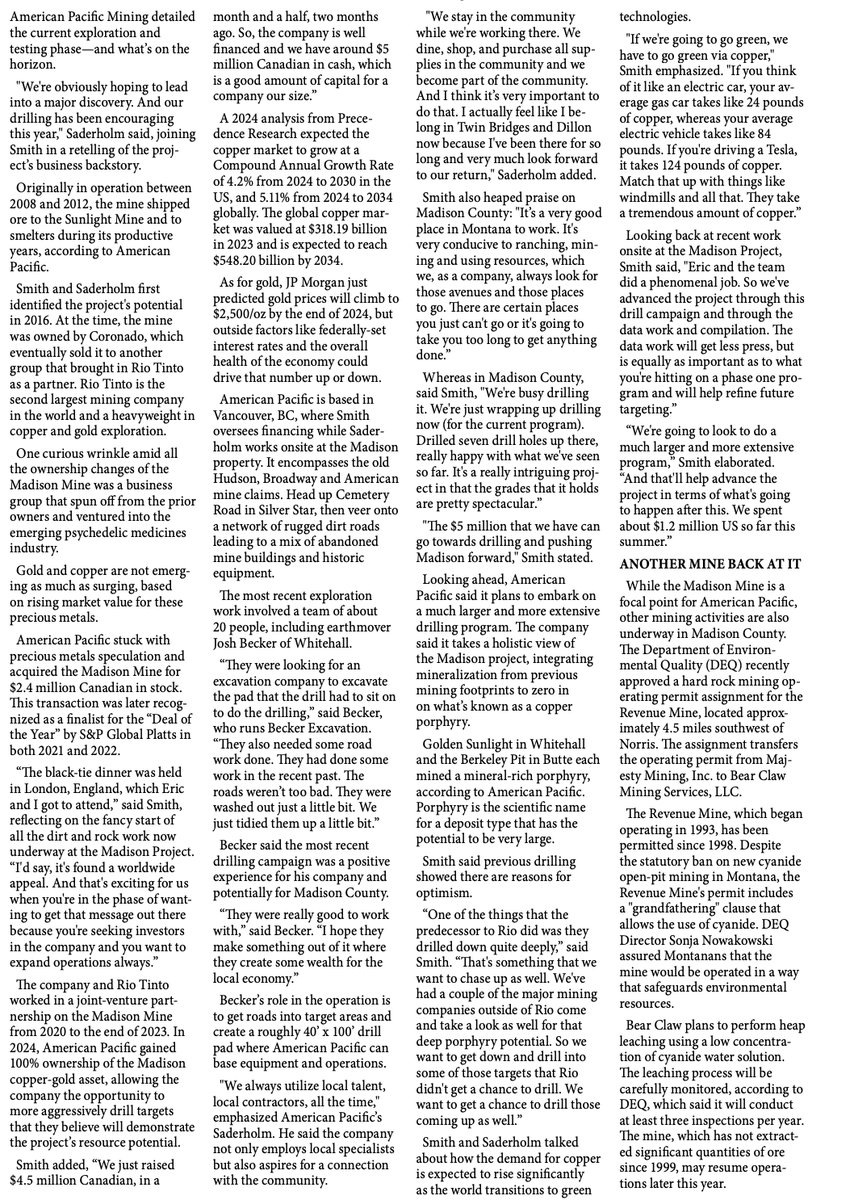 AmerPacMine's tweet photo. NEW ARTICLE | Exploration continues at the Madison Mine: Hunting for a Motherlode.

We're pleased to have our Madison Copper-Gold Project featured in this edition of The Madisonian, by David Madison.

🇨🇦 $USGD | 🇺🇸 $USGDF
#gold #copper #zinc #mining #investing https://t.co/rKPYvM0JCh