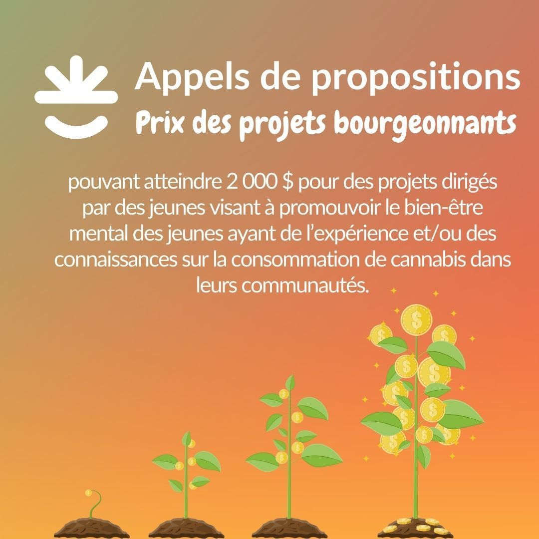 Prêt à faire grandir votre communauté? Le Prix des projets bourgeonnants offre jusqu'à 2 000 $ pour valoriser les voix des personnes ayant des vécus et promouvoir le bien-être mental! 

En savoir plus: cannabisandmentalhealth.ca/award/