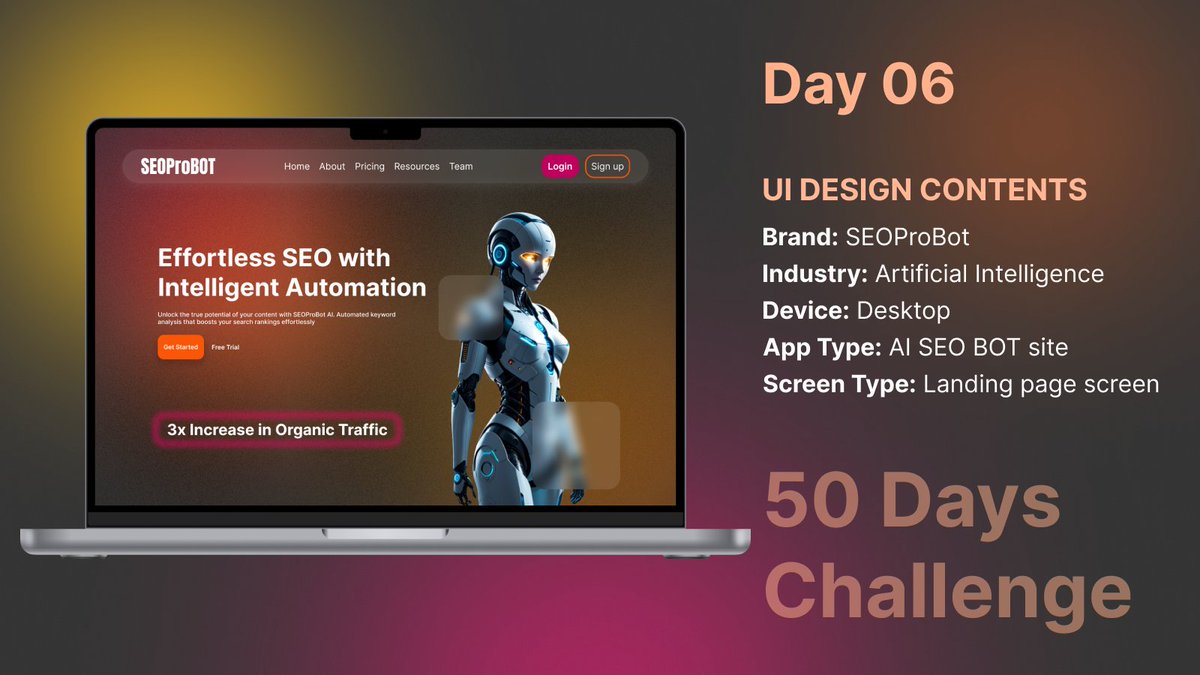 ashish1lexbaa's tweet image. Day 06 of my #50DaysUIChallenge! 🚀 Designing a sleek landing page for SEOProBot—an AI-powered SEO bot that automates keyword analysis. Loving the process of bringing intelligent automation to life! 💻 #UIDesign #ArtificialIntelligence #SEO