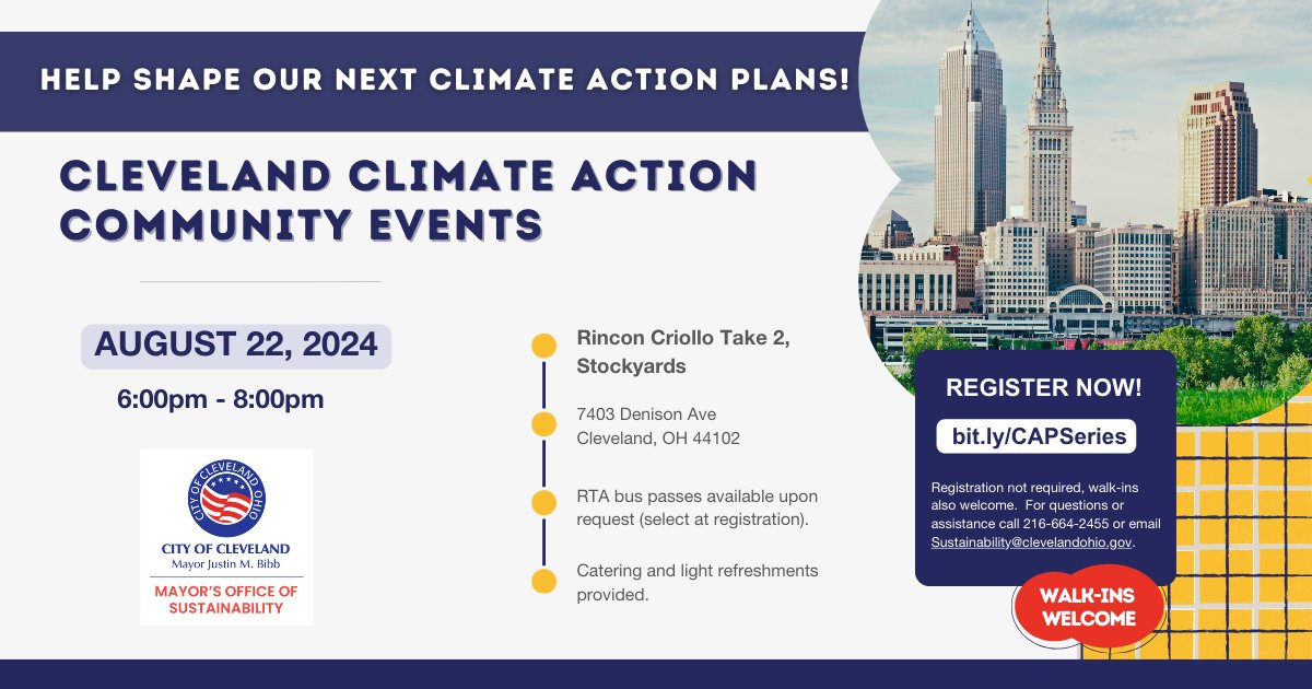 sustainableCLE's tweet photo. Last chance, Cleveland!📢Join us for our second fall engagement session tomorrow, August 22nd at 6:00 pm to discuss how we can improve @CityofCleveland's Climate Action Plan (CAP) to better reflect our communities' needs. 

🌱Register here: https://t.co/oeubWRek6V https://t.co/6ZInRQ3o5R
