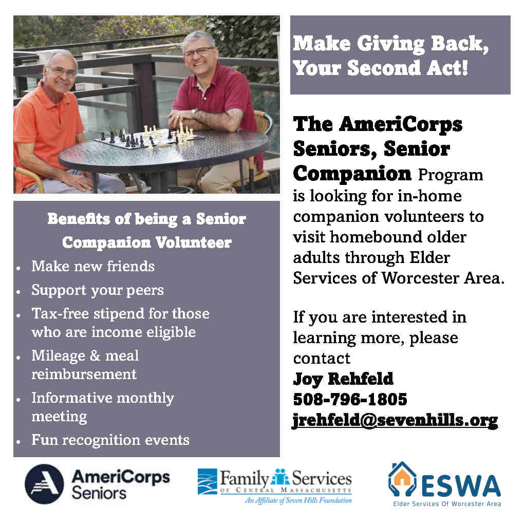 ESWAorg's tweet photo. The #WorcesterMA #SeniorCompanionProgram is looking for in-home companion volunteers to visit homebound #OlderAdults through ESWA. If you are interested in learning more, please contact Joy Rehfeld, 508-796-1805, jrehfeld@sevenhills.org https://t.co/cNarRvdIsk