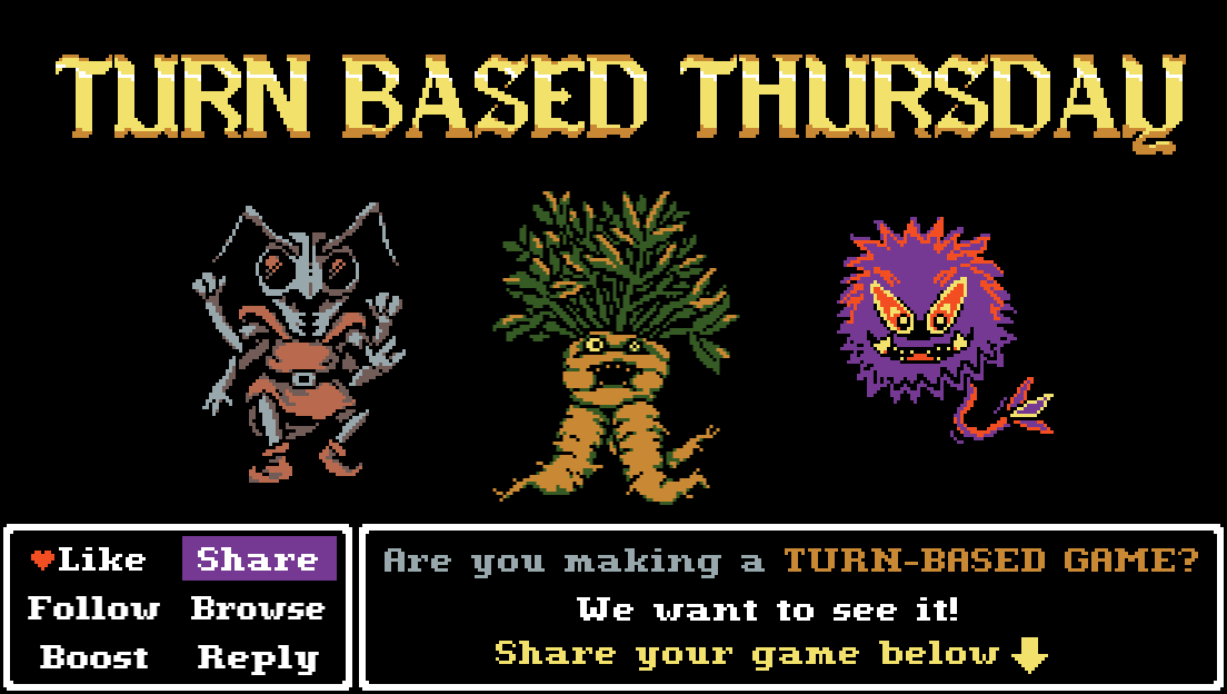 I'm honored to host this week's official #TurnBasedThursday thread.

If you're an #IndieDev making a turn-based game, let's see it! Reply to this post to show off your game (and use the hashtag).

Turn-based fans, come check out these amazing games and show them some love! ❤️🔁🗨️