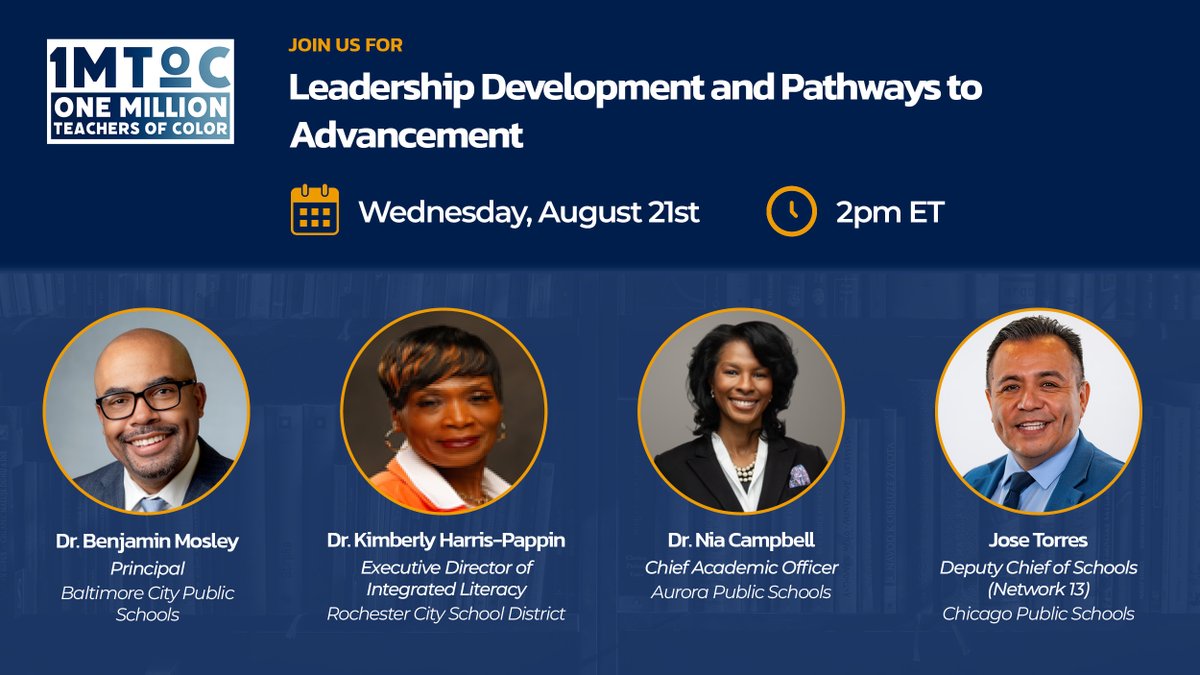One Million Teachers of Color (@1mtoc) on Twitter photo Today’s #1MToC webinar on the critical value of diverse leadership and acquire tools to foster a stronger educator workforce starts NOW!
Register here to attend: ow.ly/YnrM50T2sLu
<a href="/BaltCitySchools/">Baltimore City Public Schools</a> <a href="/RCSDNYS/">Rochester City School District</a> <a href="/aurorak12/">Aurora Public Schools</a> <a href="/ChiPubSchools/">CPS - Chicago Public Schools</a> Today’s #1MToC webinar on the critical value of diverse leadership and acquire tools to foster a stronger educator workforce starts NOW!
Register here to attend: ow.ly/YnrM50T2sLu
<a href="/BaltCitySchools/">Baltimore City Public Schools</a> <a href="/RCSDNYS/">Rochester City School District</a> <a href="/aurorak12/">Aurora Public Schools</a> <a href="/ChiPubSchools/">CPS - Chicago Public Schools</a>