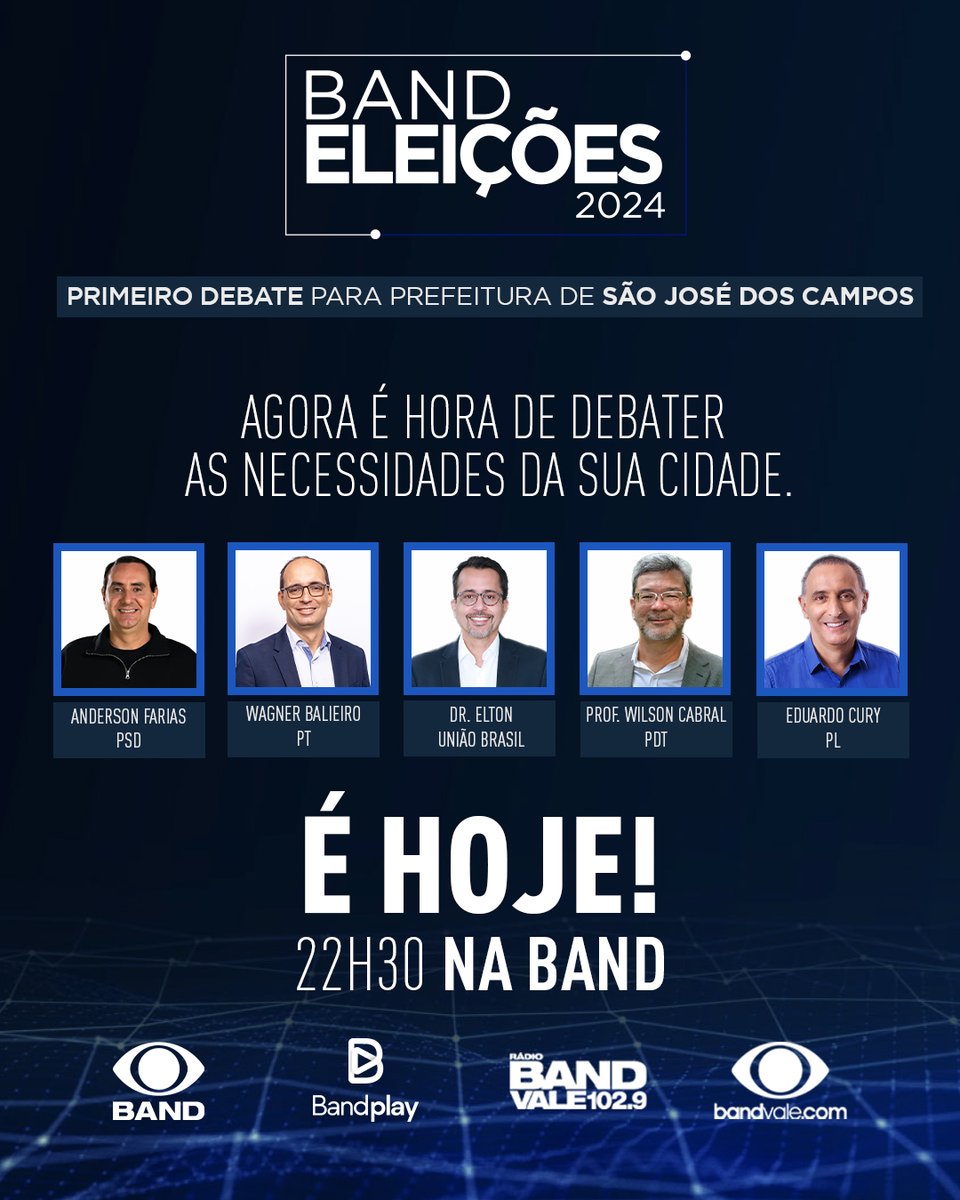 bandvaletv's tweet photo. É HOJE!!

O #debate com os candidatos à prefeitura de São José dos Campos (SP) acontece hoje, a partir das 22h30 na tela da TV #Band Vale!

Você também acompanha a a transmissão nos canais digitais da Band Vale (https://t.co/97ARFNl5Ev, YouTube da TV Band Vale e no BandPlay). https://t.co/N7ZH6cHWRU