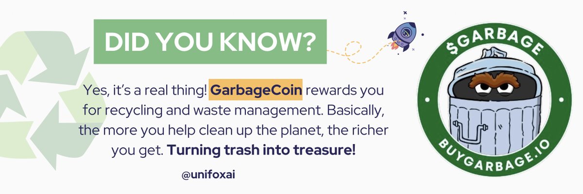 unifoxai's tweet photo. #FunFact! Did you know? 🦊  #GarbageCoin is real! 
♻️ The more you clean up... 💰 the richer you get!!

🌱 Also agree with #sustainability? 
Join UniFox 👉 ultra-low carbon, and give you 20%+ higher returns vs. other platforms.🔥
#Crypto #CryptoFacts #BTC #ETH #DeFi https://t.co/LBvZLLlNz8
