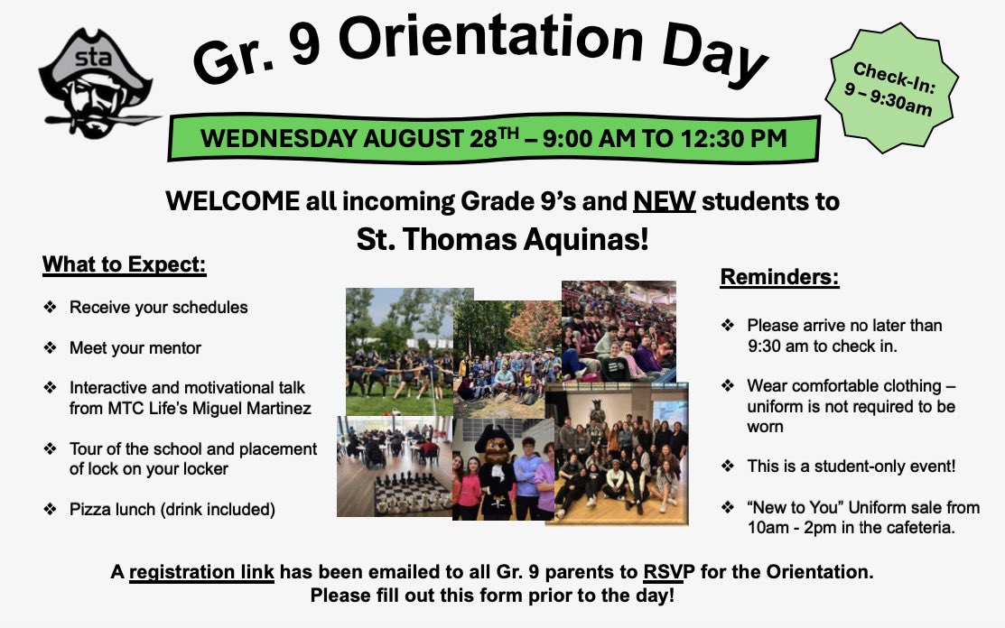 We’re excited to meet all of our new Gr. 9 students next week at Orientation! Gr. 9 Parents - don’t forget to fill out the registration form that was sent out via email. Looking forward to a great day!