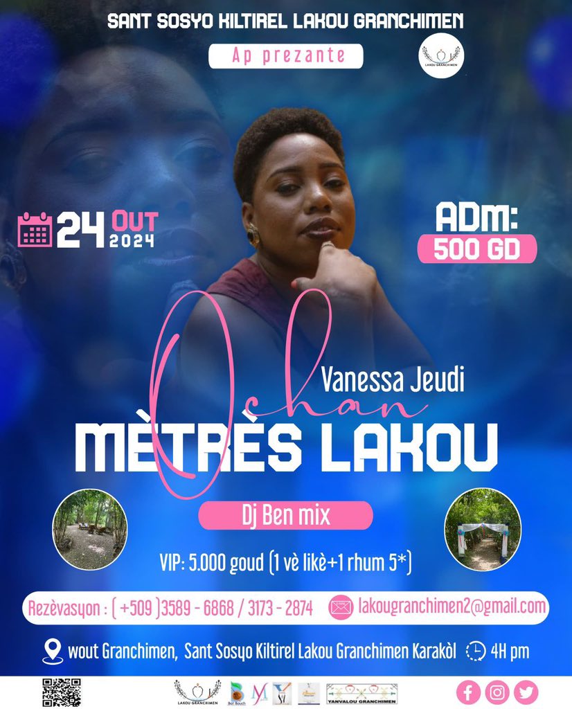 vanessajeudiht's tweet photo. 24 Dawout, se talè konsa . Ou achte tikè w deja?

M ap tann ou nan Sant Sosyo Kiltirèl Lakou Granchimen…

🧡🦋🧡

#vanessajeudi #caracol #LakouGranchimen #musicinhaiti #womeninmusic #musicperformance https://t.co/8NBj5PP3V6
