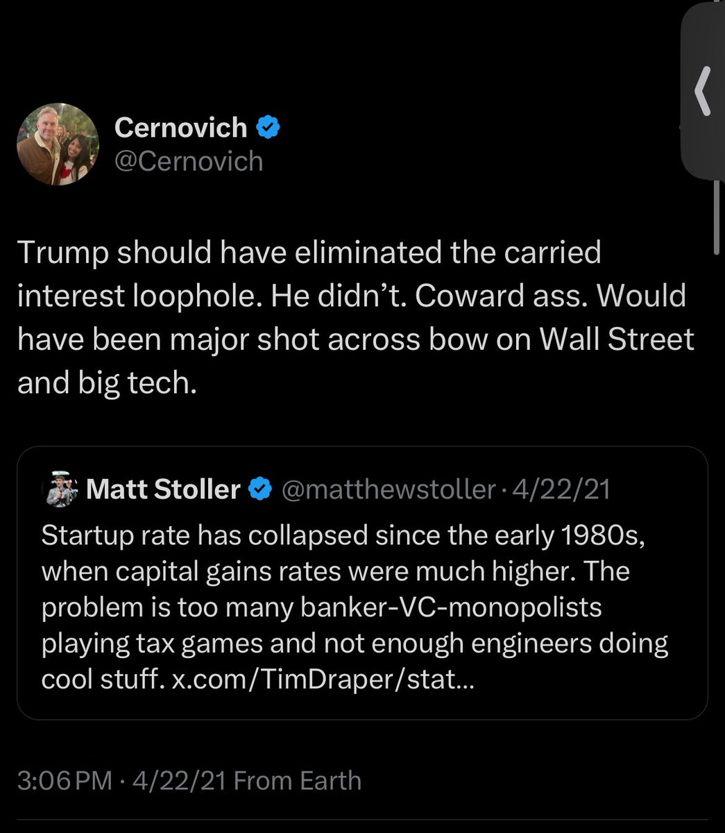 Cernovich's tweet photo. I despise most billionaires and would support a wealth tax for spite, but Reid Hoffman would write a loophole. It won’t happen.

Biden and Pelosi let private equity keep their carried interest welfare.

These tax proposals are a camels nose inside the tent. To kill middle class. https://t.co/gN5VKjKsiE