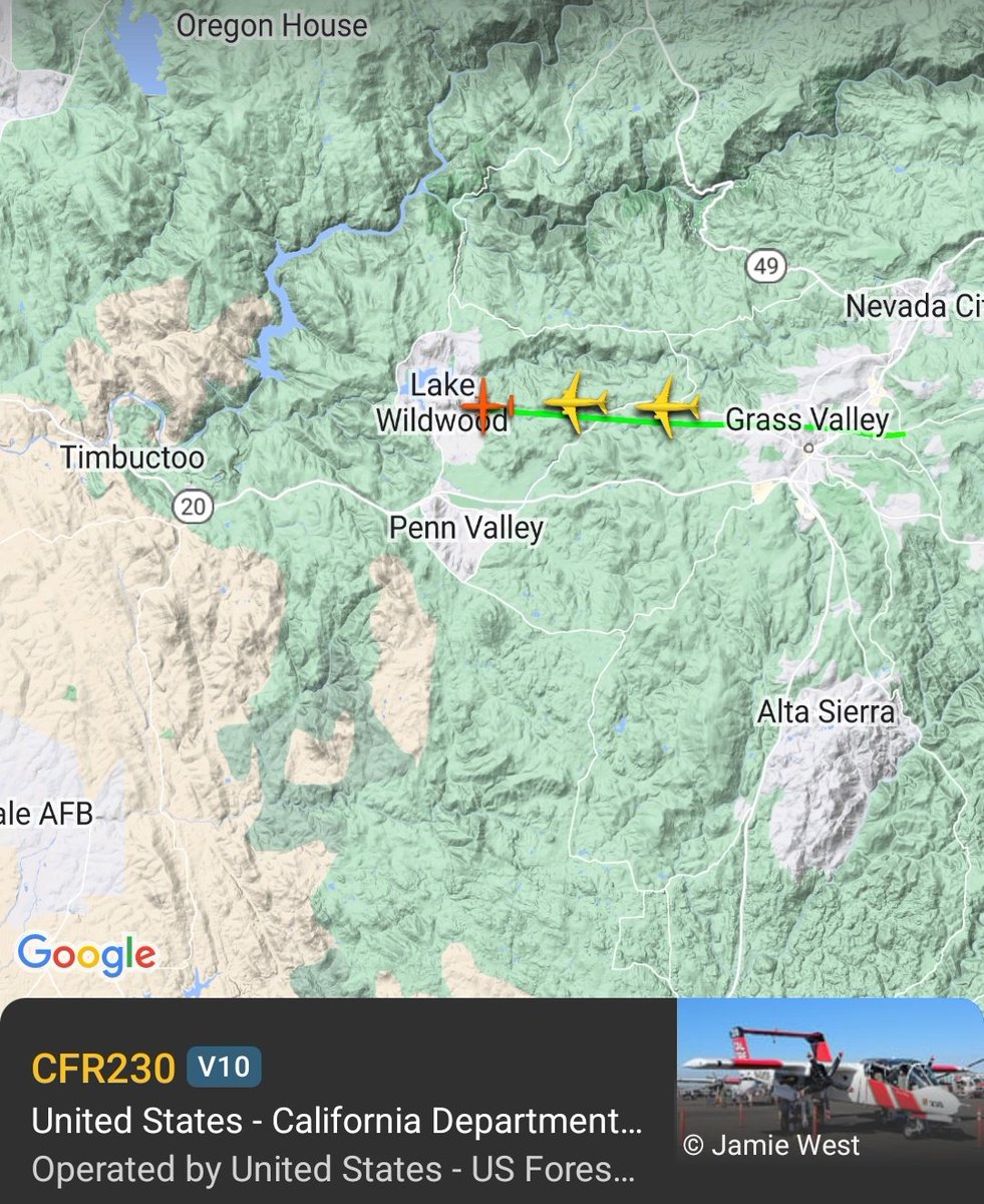 Elias_Funez's tweet photo. Grass Valley Air Attack 230 almost over the #FrontierFire with two air tankers in tow. #fireseason2024 @TheUnion #theunionow https://t.co/DRbhvG2bU2