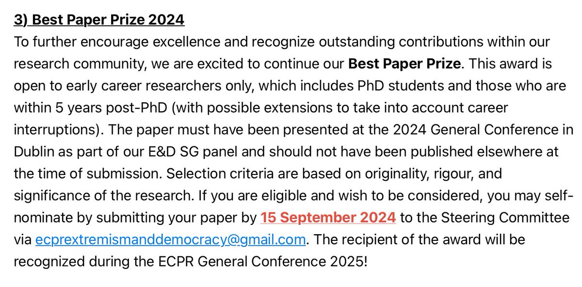 📢 Are you an Early Career Scholar? Did you present in the <a href="/ECPR/">European Consortium for Political Research</a> general conference as part of the <a href="/ecpr_ed/">ECPR SG Extremism & Democracy</a> section? Nominate yourself or others (!) for the Best Paper Prize 2024! Just send your manuscript to ecprextremismanddemocracy@gmail.com 🏆