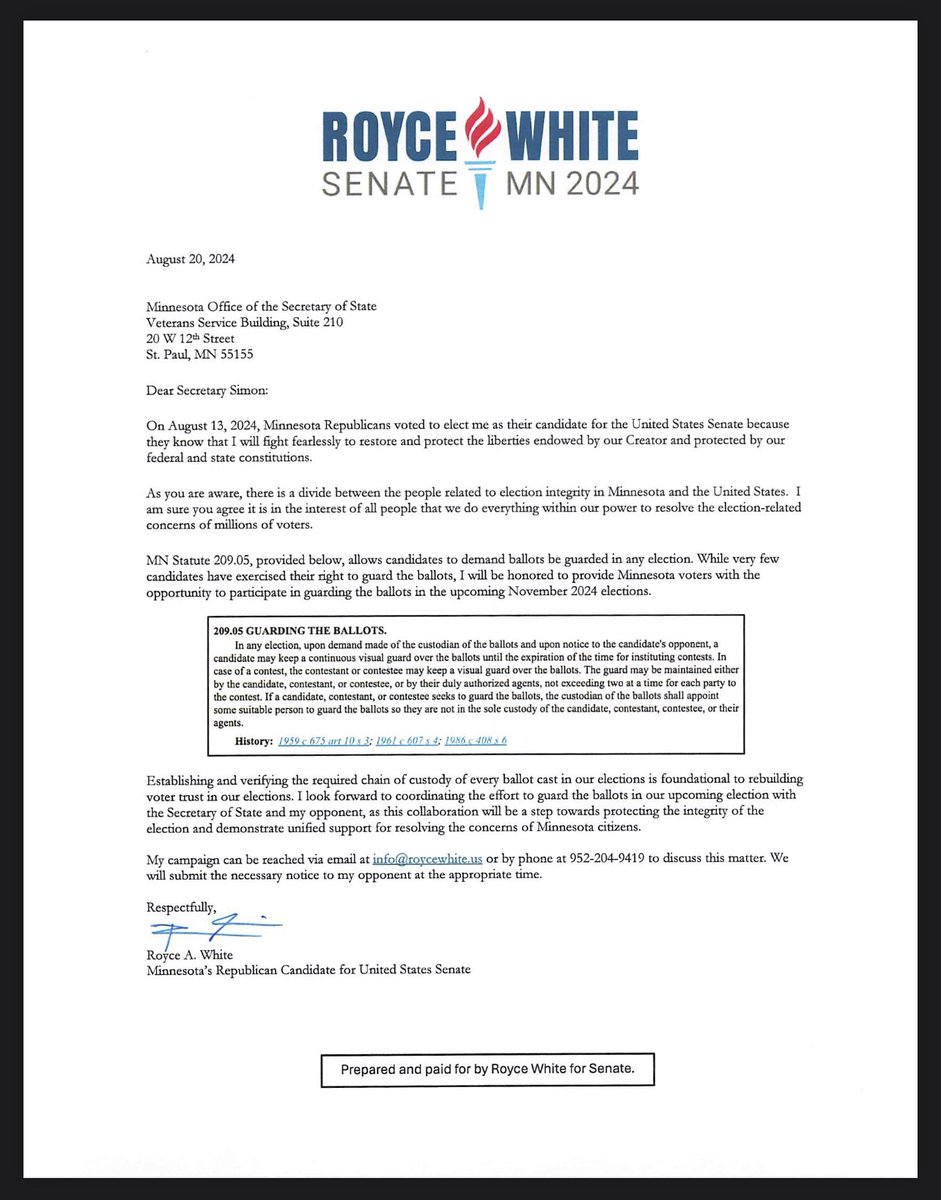 Election integrity is vital to our nation and our American citizenship. My campaign is doing everything we can to help secure our elections. Today, upon written notice to the Minnesota Secretary of State, I have exercised my right to request to "Guard the Ballots". This is a