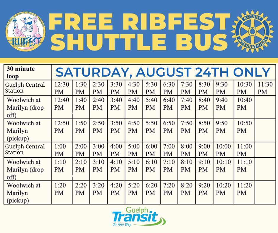 <a href="/RibfestGuelph/">Ribfest Guelph</a> starts Friday Aug 23. FAQ buff.ly/3j40DqQ. Parking is Limited! Bike and use the #GCAT valet, Free bus shuttle on Sat; No pets in Ribfest area please leave them at home. ATMs onsite as many vendors are cash only, bring your refillable water bottle #ribfest