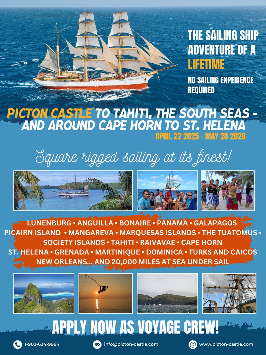 Join  us for an epic journey - To Tahiti, The South Seas - and Around Cape  Horn to St. Helena before heading to New Orleans. The voyage begins in  April 2025. The link below contains more information about the voyage  and applying.