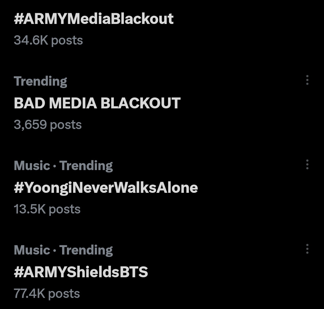 BaseLineWoo's tweet photo. ARMY, make our LOVE LOUDER than their hate!!!

BAD MEDIA BLACKOUT 

#ARMYMediaBlackout
#ARMYStandsWithSuga 
#YoongiNeverWalksAlone https://t.co/ul8yRVC03i