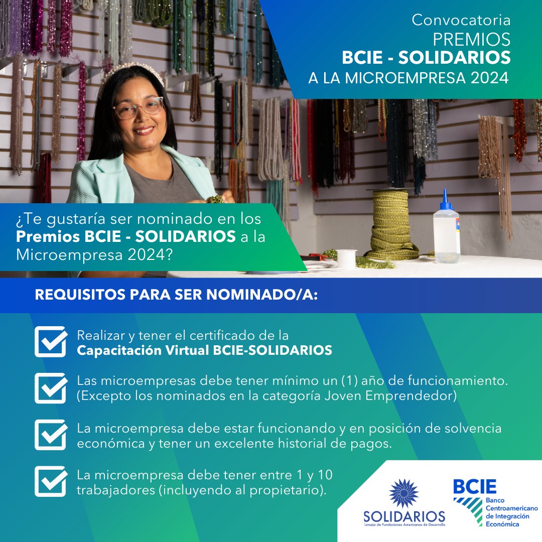 ¿Quieres destacar y obtener el reconocimiento que tu esfuerzo merece? Participa en los Premios BCIE - SOLIDARIOS a la Microempresa 2024 y da a conocer el impacto de tu negocio.
#PremiosBCIESolidarios #Microempresas #Emprendimiento #BCIE #Latam  #Éxito
<a href="/BCIE_Org/">BCIE</a>
