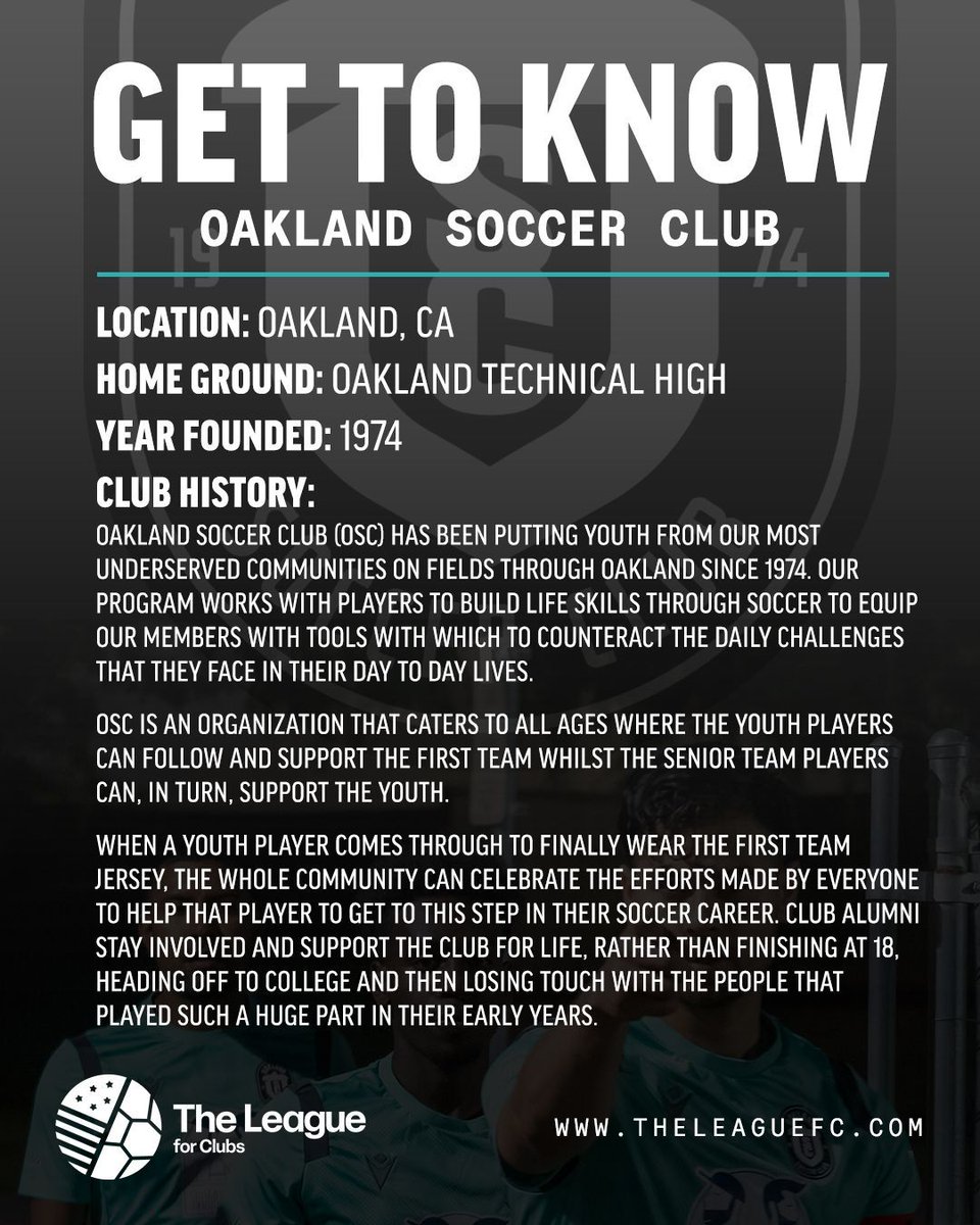 The League For Clubs (@theleague_fc) on Twitter photo ICYMI - <a href="/Oakland_SC/">Oakland Soccer Club</a> has joined The League for Clubs in 2025.
Here's more about Oakland SC, who most recently competed in the NPSL's Golden Gate Conference. The League is ecstatic to have a club with the history and vision of Oakland SC on board for the 2025 season and beyond. ICYMI - <a href="/Oakland_SC/">Oakland Soccer Club</a> has joined The League for Clubs in 2025.
Here's more about Oakland SC, who most recently competed in the NPSL's Golden Gate Conference. The League is ecstatic to have a club with the history and vision of Oakland SC on board for the 2025 season and beyond.