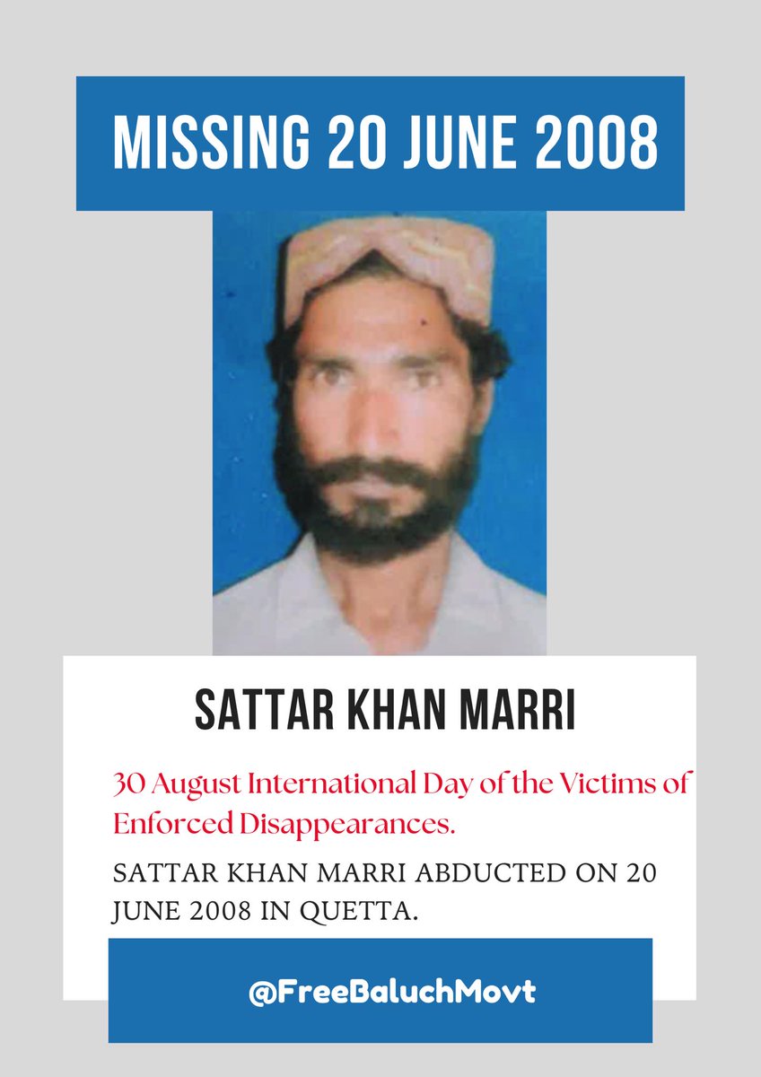 FreeBaluchMovt's tweet photo. Sattar Khan Marri, who was abducted by the Pakistani secretive agency 16 years ago.
#Enforced_Disappearances_Day
#30thAug
#BalochMissingPersons https://t.co/xGUczVNPap