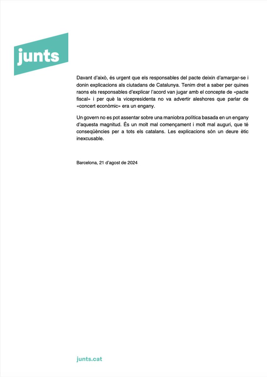 📃COMUNICAT DE PREMSA

Junts per Catalunya demana explicacions al PSC i ERC: “s’ha construït una majoria política a Catalunya sobre la base d’un engany conscient, les explicacions són un deure ètic inexcusable”