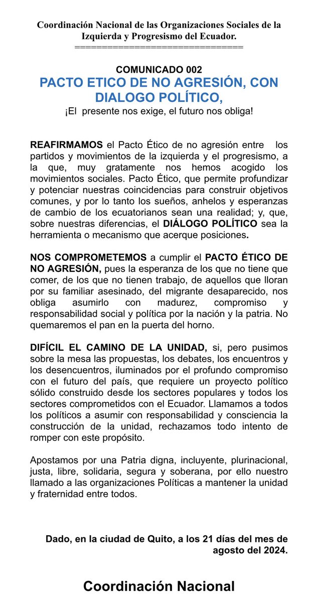 Las organizaciones de la unidad de las izquierdas ratifica y reafirma su compromiso con el país.
El pacto ético de no agresión entre par y mov de izq es para profundizar en nuestras coincidencias. Exhortamos a la unidad porq el presente nos exige! 
#JuntosSomosMasFuertes