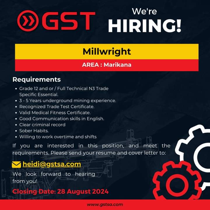 CarolBoitumelo1's tweet image. We currently have an open vacancy for a Millwright at Marikana.

If you meet the requirements for this position, kindly email your CV to heidi@gstsa.com.

#millwright #miningjobs #rustenburgjobs #marikanajobs #Marikana