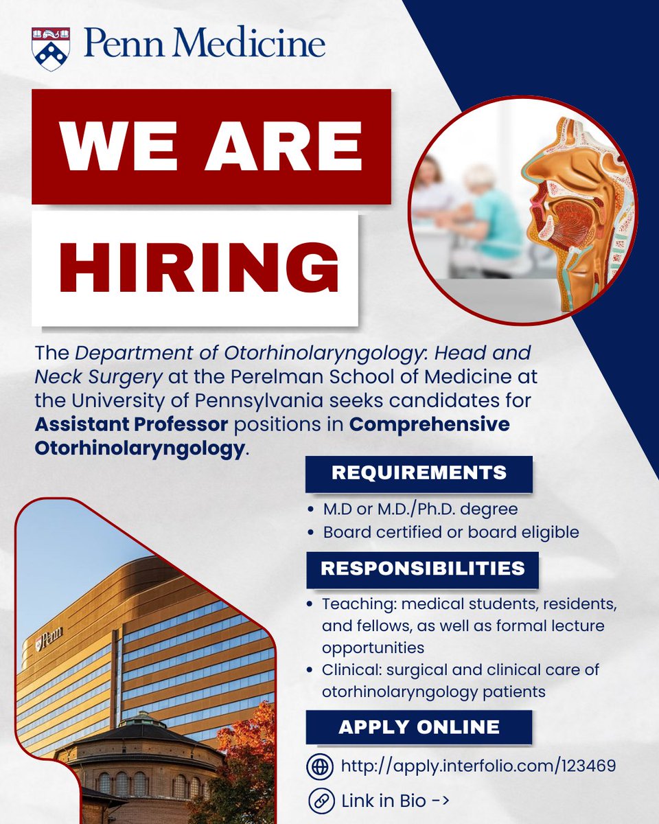Penn_ENT's tweet photo. 🔍 Penn Medicine's Department of Otorhinolaryngology - Head and Neck Surgery is seeking candidates for faculty positions to join our #ENTeam. If you have expertise in the field of comprehensive otolaryngology and are interested in this opportunity, apply via our #linkinbio. 🔗 https://t.co/4MIhxwriX5