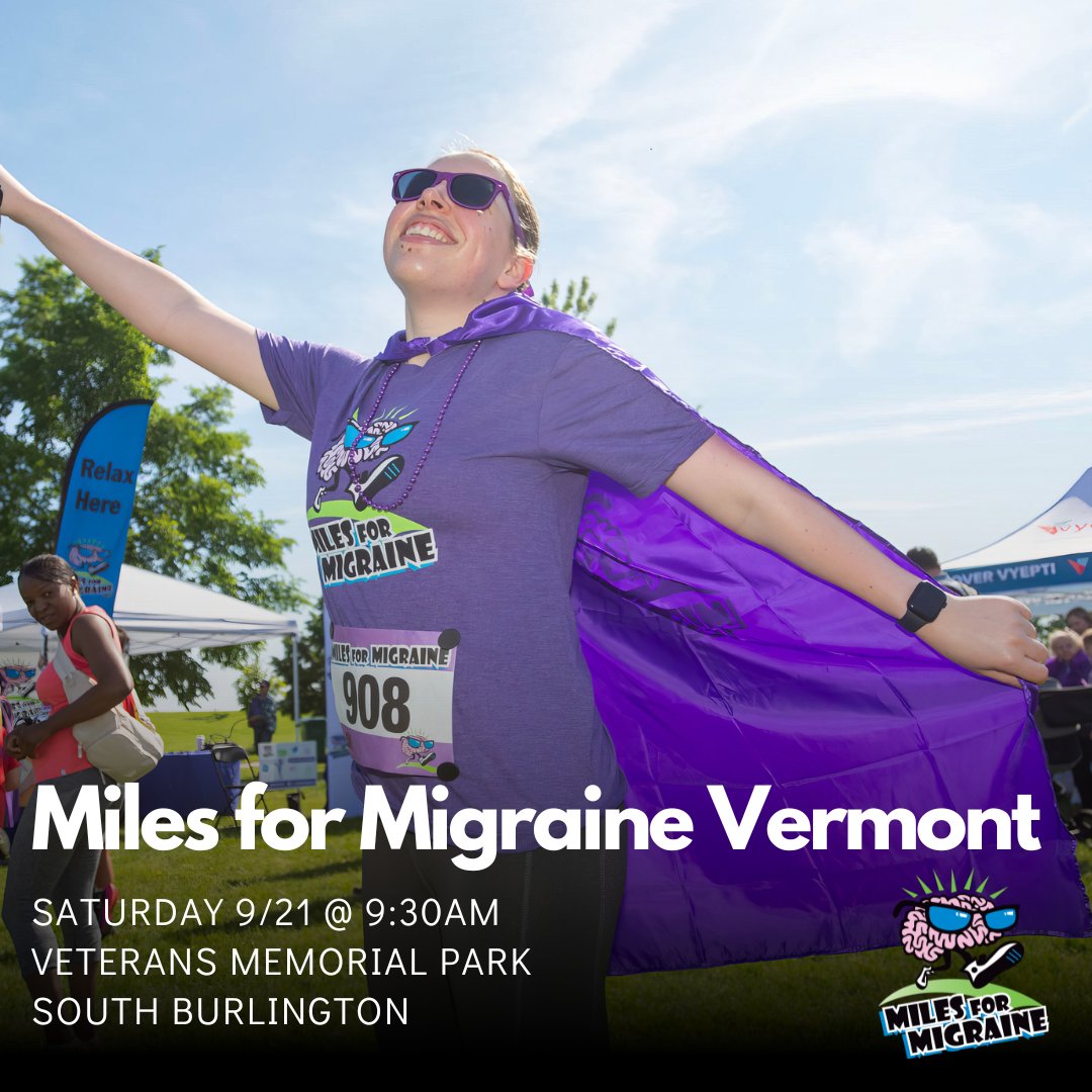 Miles For Migraine (@miles4migraine) on Twitter photo 📣 Our 7th annual Vermont Walk/Run/Relax Event is back on 9/21! Join us to help us increase #migraine and headache awareness!💜Funds raised support the <a href="/UVMMedCenter/">UVM Medical Center</a> Headache Clinic.
Free Registration: BTV.MilesForMigraine.Org 📣 Our 7th annual Vermont Walk/Run/Relax Event is back on 9/21! Join us to help us increase #migraine and headache awareness!💜Funds raised support the <a href="/UVMMedCenter/">UVM Medical Center</a> Headache Clinic.
Free Registration: BTV.MilesForMigraine.Org