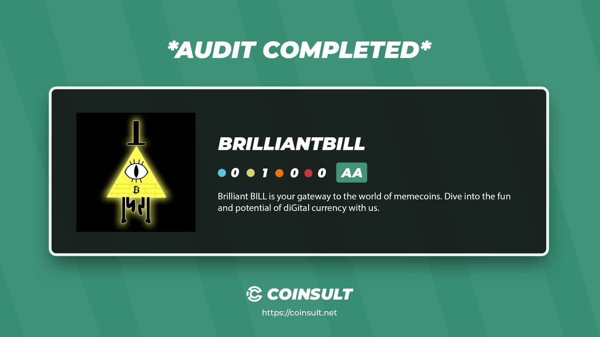 CoinsultAudits's tweet image. 🔒 AUDIT COMPLETED FOR BRILLIANTBILL

🎁 GIVEAWAY: $30 (48 hours)

1⃣ Follow @BrilliantBTB &amp;amp; @CoinsultAudits
2⃣ Like + RT this tweet
3⃣ Place a comment 💬

Go check out the full project page of BrilliantBill 👇
coinsult.net/projects/brill…

#giveaway #audit #smartcontract…