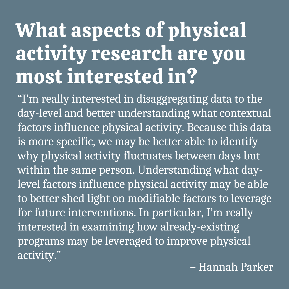 Meet Hannah Parker (<a href="/Hannah_Parker96/">Hannah Parker, MS</a>), who recently published in JPAH on 24-hour movement behaviors in preschool-aged children. She's pursuing a PhD with <a href="/USCArnoldSchool/">USC Arnold School of Public Health</a> and works with <a href="/ACOIatUofSC/">Arnold Healthy Kids Initiative</a>.  

🔗 doi.org/10.1123/jpah.2…