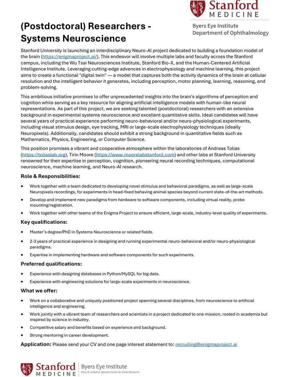Katrin Franke (@kfrankelab) on Twitter photo 🚨We're hiring <a href="/StanfordMed/">Stanford Medicine</a> <a href="/Stanford/">Stanford University</a>
*Postdoc in visual & systems neuroscience*
Focus on experiment design (visual stimuli, behavior etc)👇
Join our collaborative effort w/ <a href="/AToliasLab/">Andreas Tolias Lab @ Stanford University</a> <a href="/naturecomputes/">Sophia Sanborn</a> <a href="/KonstantinWille/">Konstantin Willeke</a> <a href="/eywalker/">Edgar Y. Walker</a>& more
Please retweet
t.ly/bVdk8 🚨We're hiring <a href="/StanfordMed/">Stanford Medicine</a> <a href="/Stanford/">Stanford University</a>
*Postdoc in visual & systems neuroscience*
Focus on experiment design (visual stimuli, behavior etc)👇
Join our collaborative effort w/ <a href="/AToliasLab/">Andreas Tolias Lab @ Stanford University</a> <a href="/naturecomputes/">Sophia Sanborn</a> <a href="/KonstantinWille/">Konstantin Willeke</a> <a href="/eywalker/">Edgar Y. Walker</a>& more
Please retweet
t.ly/bVdk8