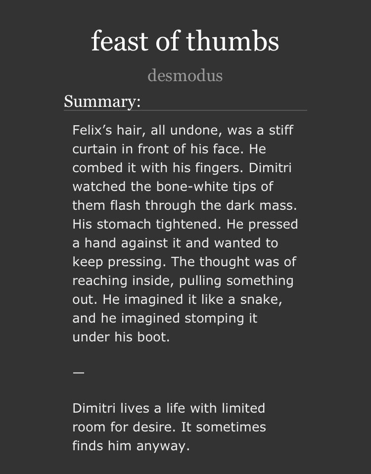 for #dmlxnsfwbingo here’s 3.1k of dimitri and his own freaky brand of yearning
