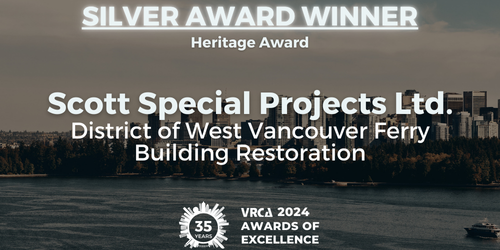 We are thrilled to win a Silver Award in Heritage at the 2024 VRCA Awards for the West Vancouver Ferry Building Restoration!
Huge thanks to our incredible team, consultants, and trades for making this possible. Congrats to all Silver Award winners! 🙌