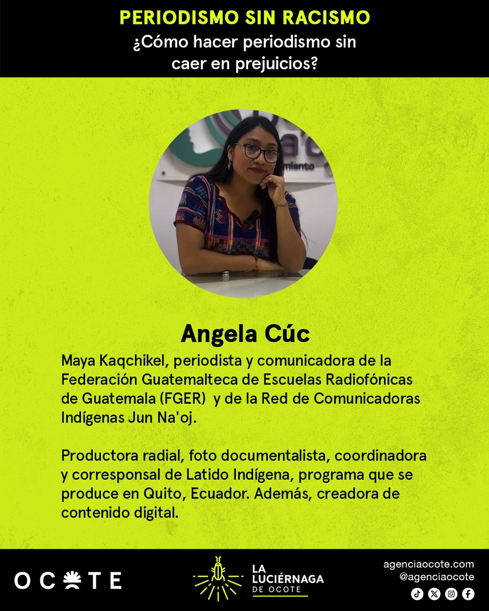 📢 Aún puedes aplicar al taller "Periodismo sin racismo" para evitar prejuicios racistas en tu trabajo periodístico.

<a href="/Angela_Cuc/">Angela cuc</a>, periodista y comunicadora, te guiará en este camino hacia un periodismo más ético y sensible.

📝Aplica antes del 22/08: bit.ly/PeriodismoSinR…