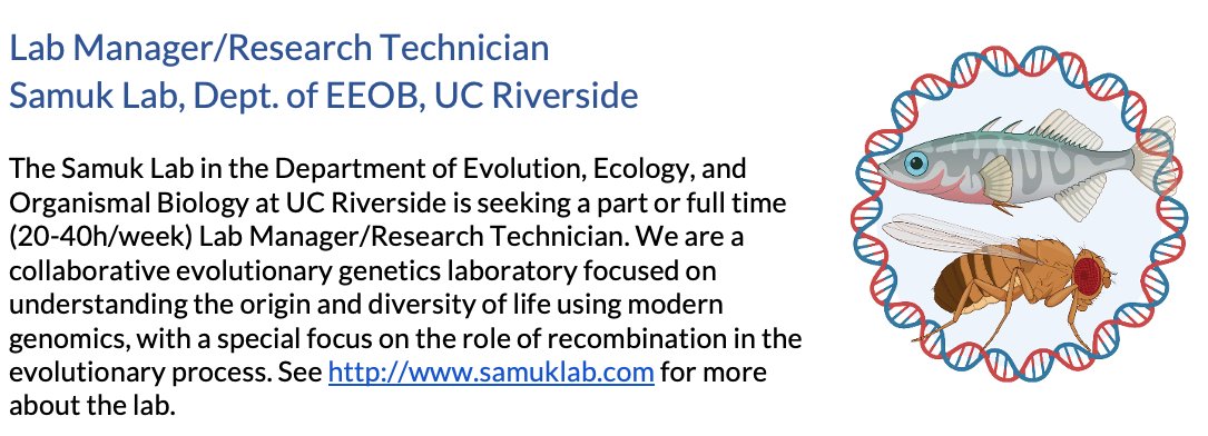 My lab at UC Riverside is looking to hire a *lab manager/technician*. We are a evolutionary genetics lab  and we are especially looking for someone with experience working with fish (or a desire to learn!). See here for details: samuklab.com/files/TechAd.p…