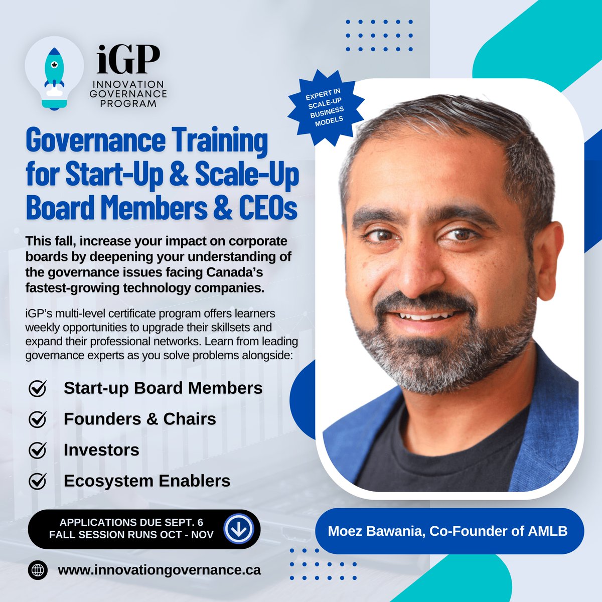 Council of Canadian Innovators (CCI) (@cadinnovators) on Twitter photo Part of our growing community of Innovation Governance Program alumni, <a href="/Moez_AMLB/">Moez Bawania</a>, Co-Founder of <a href="/AMLB_CPAs/">AMLB CPAs and Consulting</a>, is a guest moderator in this fall’s Level 2 session about scale-up business models.
Apply by September 6.
igp.canadianinnovators.org Part of our growing community of Innovation Governance Program alumni, <a href="/Moez_AMLB/">Moez Bawania</a>, Co-Founder of <a href="/AMLB_CPAs/">AMLB CPAs and Consulting</a>, is a guest moderator in this fall’s Level 2 session about scale-up business models.
Apply by September 6.
igp.canadianinnovators.org