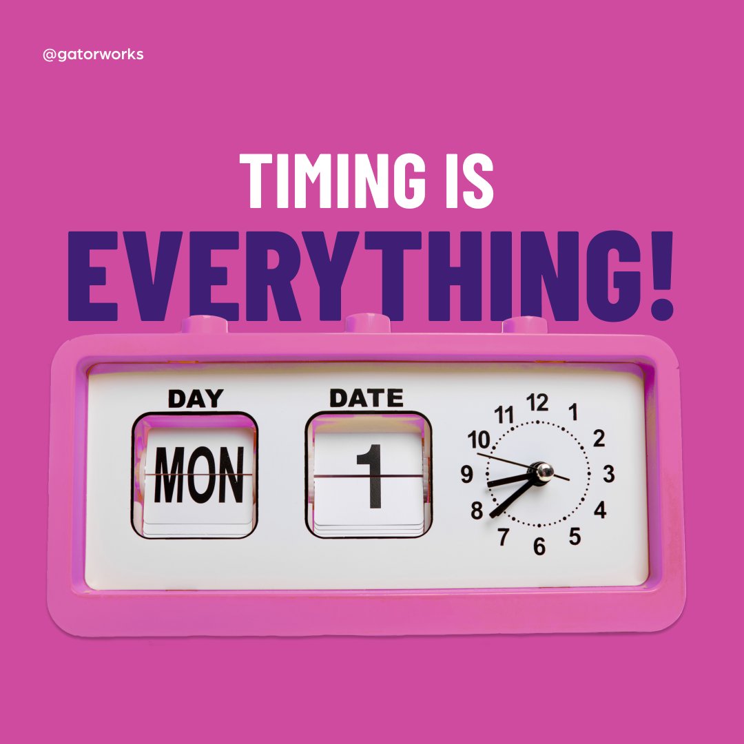 gatorworks's tweet image. Timing is everything!
Making social media posts regularly throughout the week helps build a stronger relationship with your followers. This helps build brand awareness and makes your organization stand out. 
#MarketingTips #PostOptimization #SocialMediaMarketing