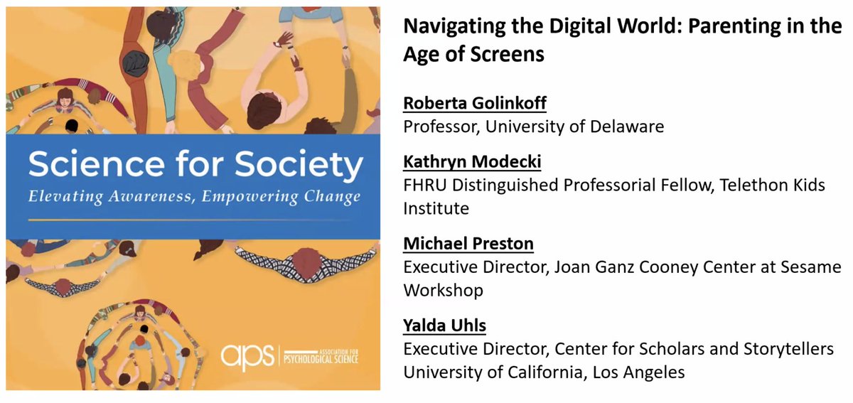 Center for Scholars & Storytellers (@scholarsnstory) on Twitter photo Our founder & CEO <a href="/DrYaldaUhls/">Yalda T Uhls, MBA, PhD</a> is speaking on a panel with <a href="/KathyandRo1/">KathyandRo</a>, @riskyadpathways, and Dr. Michael Preston of <a href="/SesameWorkshop/">Sesame Workshop</a> about parenting in a digital world. Thank you <a href="/PsychScience/">Association for Psychological Science</a> for including us in this critical conversation about technology and child development. Our founder & CEO <a href="/DrYaldaUhls/">Yalda T Uhls, MBA, PhD</a> is speaking on a panel with <a href="/KathyandRo1/">KathyandRo</a>, @riskyadpathways, and Dr. Michael Preston of <a href="/SesameWorkshop/">Sesame Workshop</a> about parenting in a digital world. Thank you <a href="/PsychScience/">Association for Psychological Science</a> for including us in this critical conversation about technology and child development.