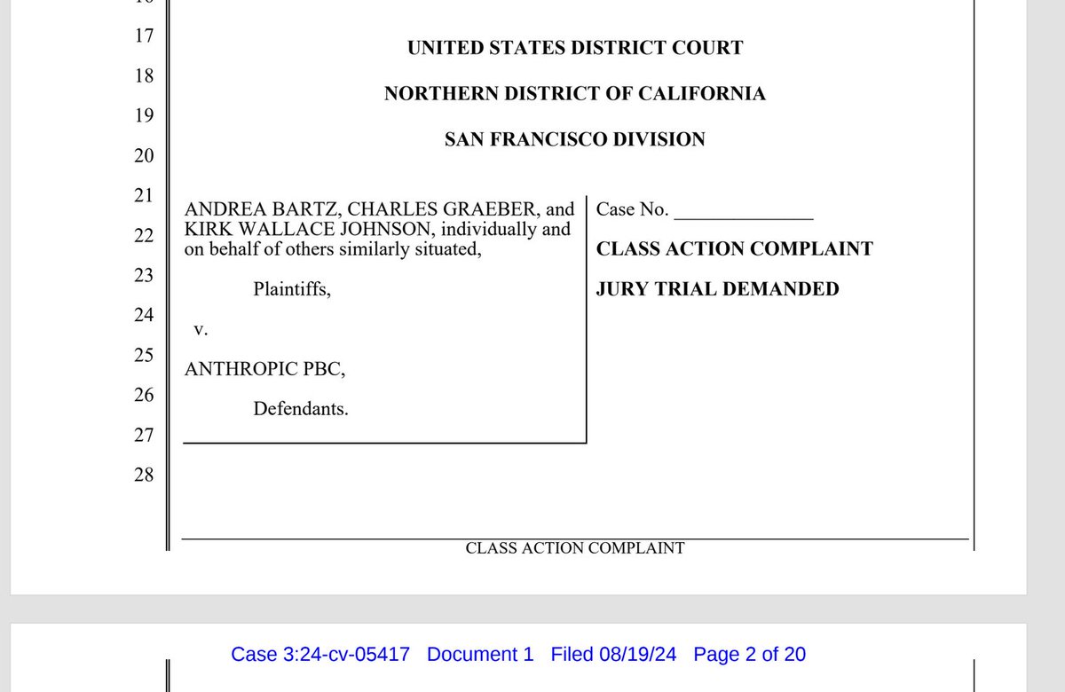 Another day, another AI copyright lawsuit, this time it's several authors against Anthropic for copyright infringement. documentcloud.org/documents/2505…