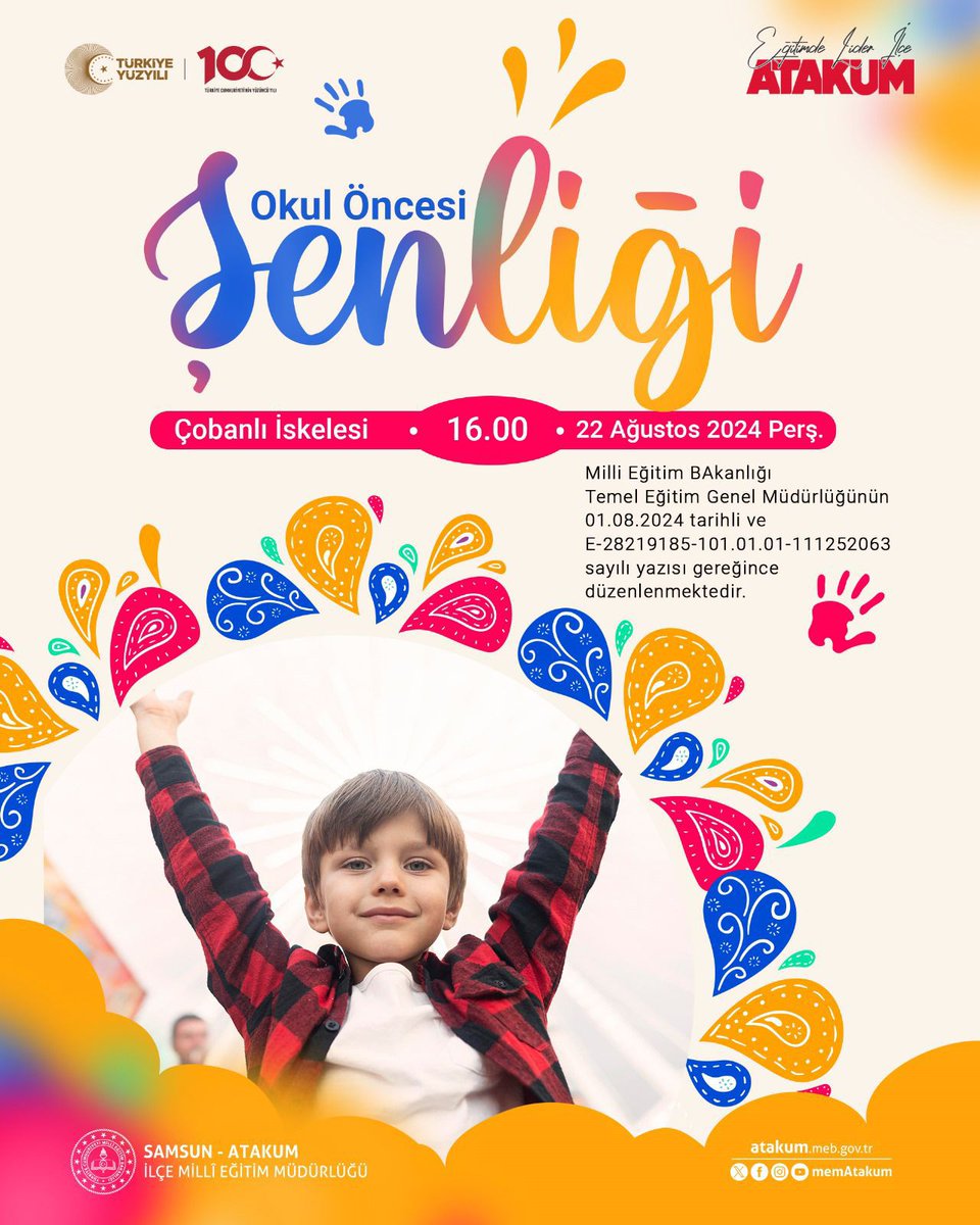 📍Atakum Çobanlı İskelesi
🗓️22 Ağustos 2024 Perşembe 
⏰16.00’da Atakum Mem 
Müdürlüğümüzce düzenlenecek olan “Okul Öncesi Şenliği”mize tüm halkımız davetlidir. <a href="/m/">Mika</a>.irfanyetik
#okulöncesieğitim #kültürsanat #oyunlaöğretim #etkinliktemelliöğretim #türkiyeyüzyılı #maarifmodeli