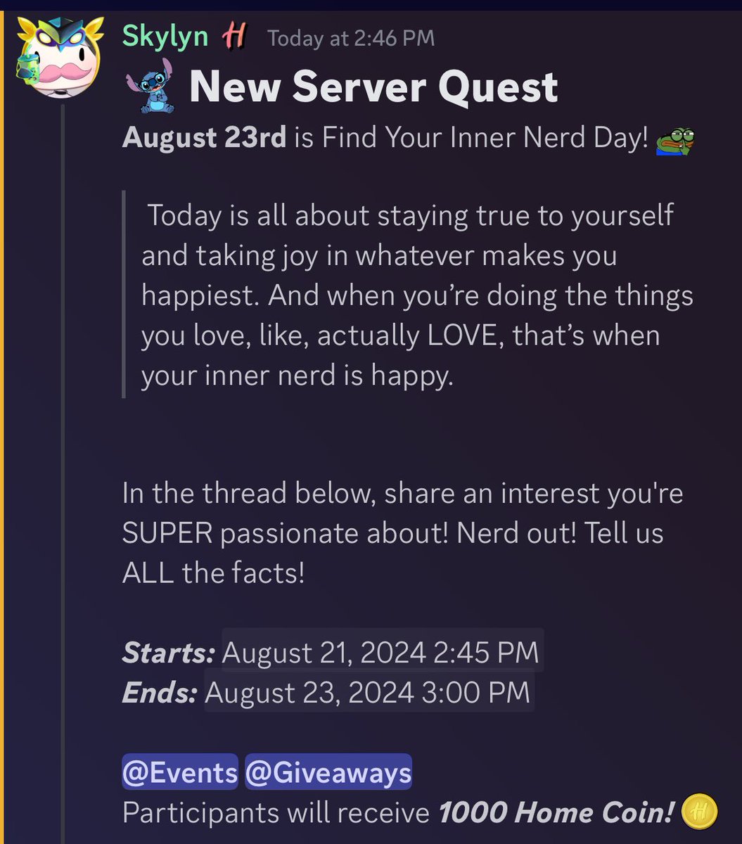 Home_Discord_'s tweet photo. New Server Quest just dropped!

August 23rd is #FindYourInnerNerd day!
Tell us some of your passions! ❤️

#discord #passion #holiday https://t.co/vV8X1so7mT