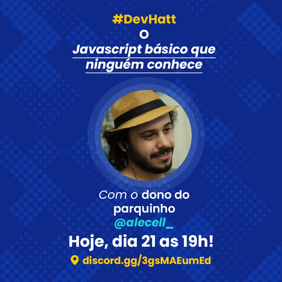 Faaaaala galera!!

Hoje teremos uma talk de Javascript!
Será falado sobre aquele Javascript que ninguém sabe, com o <a href="/alecell_/">Alecell</a>!!

Cola com a gente as 19h pra Talk!!