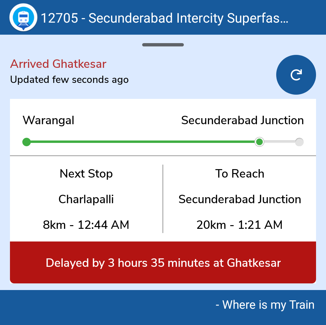 gattu_ranjith's tweet image. Check out the running status of Secunderabad Intercity Superfast Express

If this is permanent please change the train timings 🙏🙏🙏

3hra 35 mints delayed 😭

@drmsecunderabad
@RailMinIndia
@RailwaySeva 
@SCRailwayIndia

#Intercity #Superlate #Express

whereismytrain.in/running_status…