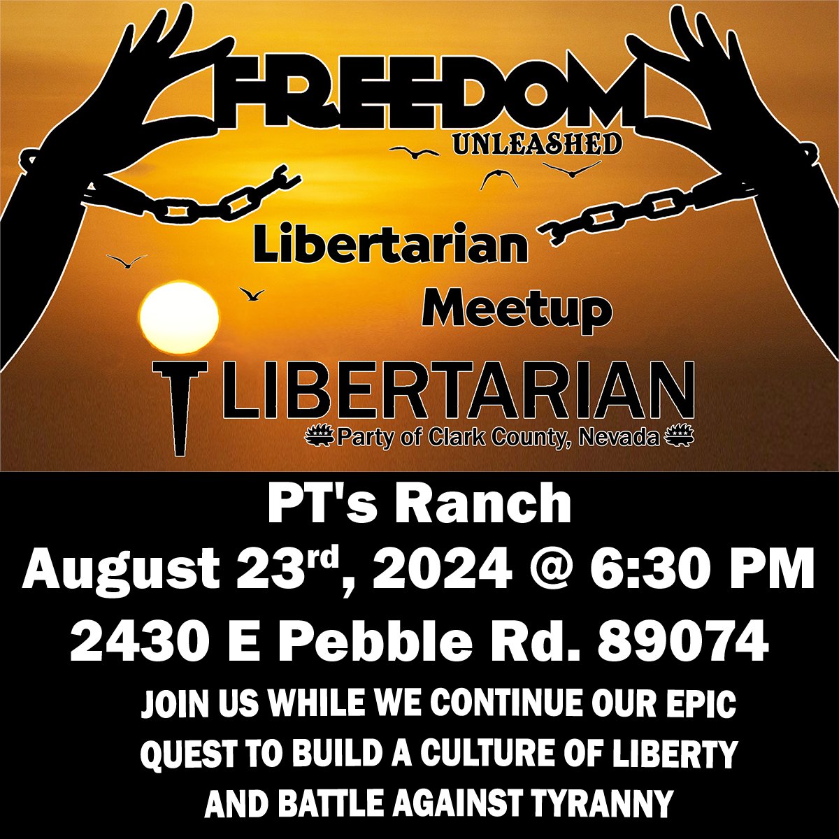 lpnevada's tweet image. Liberty curious? Want to know what the Libertarian Party is all about? Looking for new friends that are tired of government overreach? If so, come hang out at PT's Ranch on Pebble and Eastern!  

When:
August 23rd, 2024 at 6:30pm - 10:30pm

Where:
PT's Ranch
2430 E Pebble Rd
Las…