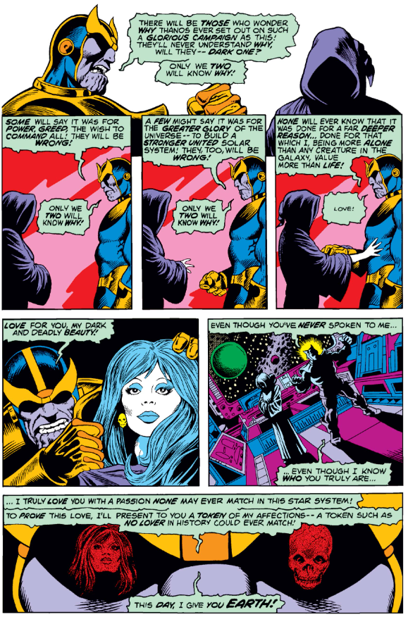 MarvelADay's tweet photo. #MarvelADay #CM31 I know everybody thinks Thanos is a great villain, but he’s in love with an entity that has never spoken to him. That’s just weird. - JRW https://t.co/JmWQFtoyGU