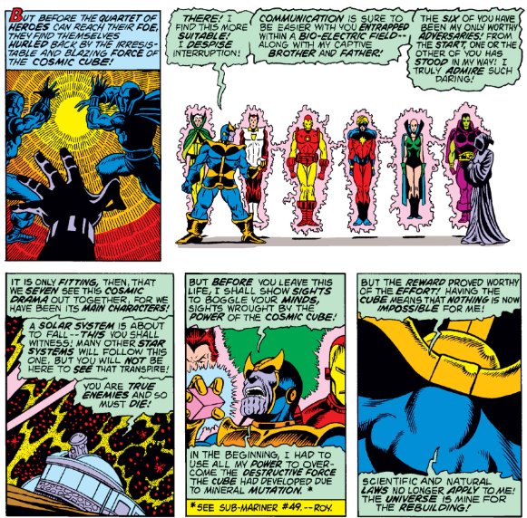 MarvelADay's tweet photo. #MarvelADay #CM31 Thanos teleports a bunch of heroes to himself and easily captures them. He also clears up a little point of Cosmic Cube continuity. - JRW https://t.co/ErkmFIrvPJ