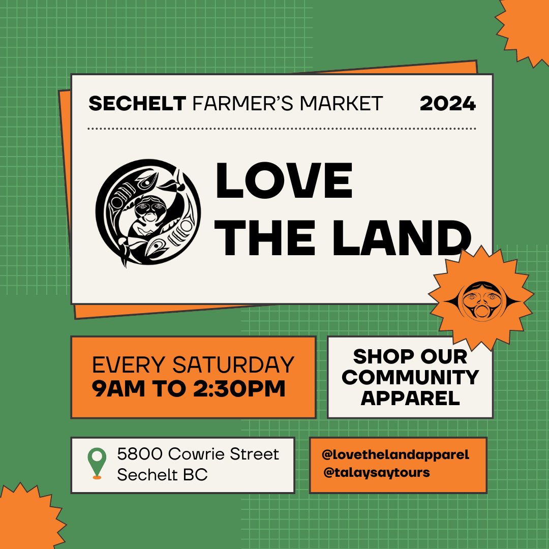 Check out our apparel at the Sechelt Farmers &amp; Artisans Market on Saturdays!