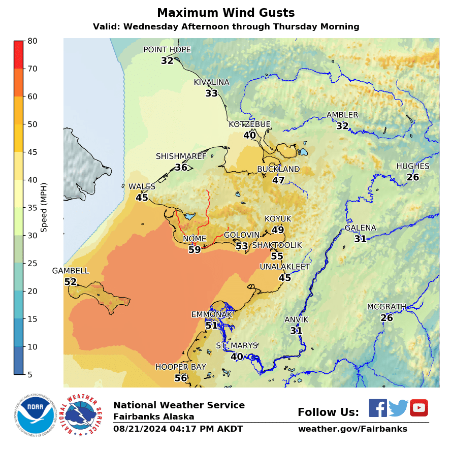 NWSFairbanks's tweet photo. Wind gusts are starting to reach their peak around the Seward peninsula. Peak gusts so far: Brevig Mission 51 mph, Teller 56 mph, Savoonga 53 mph, Nome 52 mph. High winds will continue through this evening and into the overnight hours. #akwx #Ampil https://t.co/L6C7PDNzj7