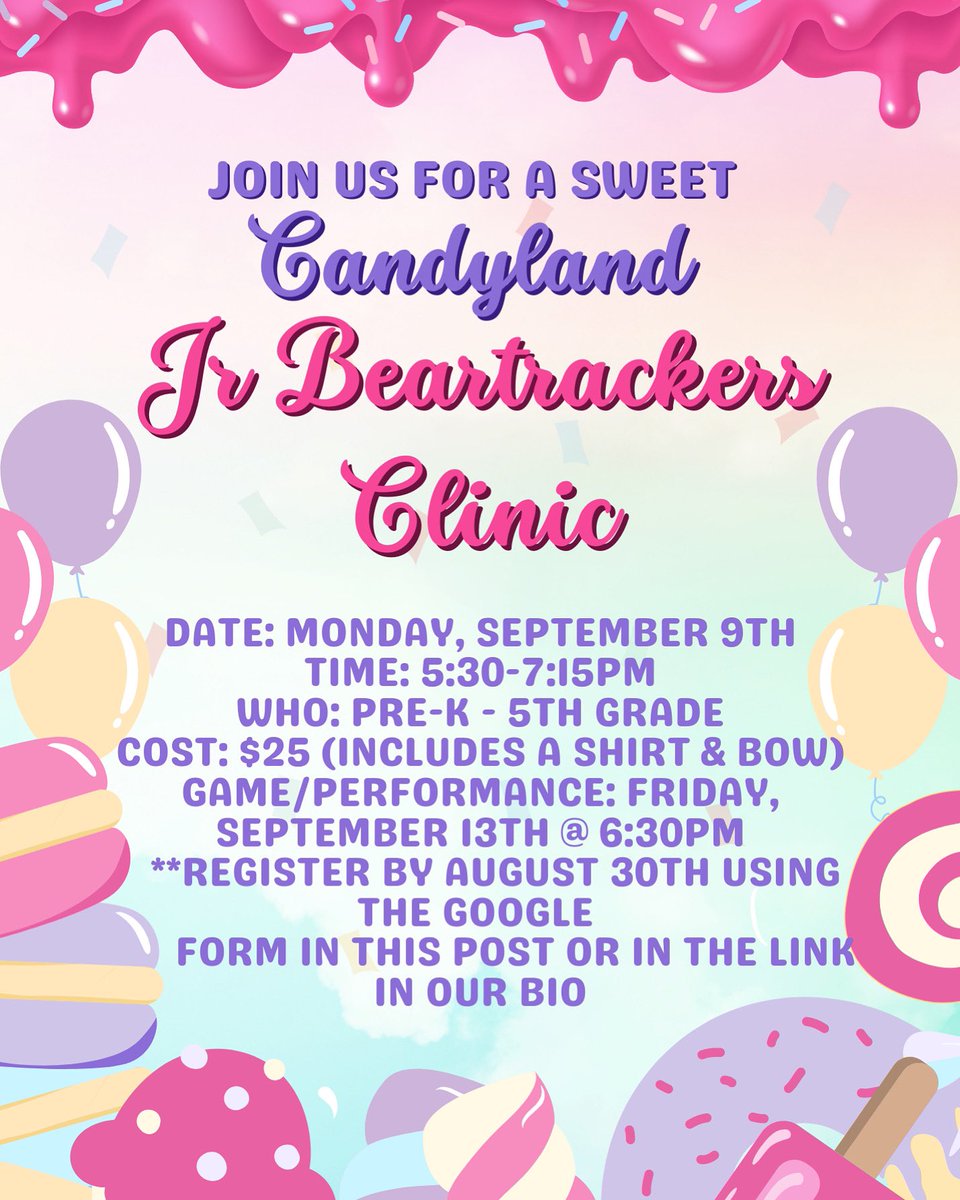 Join us for a ✨sweet✨ Jr. Beartracker Clinic and performance🍭🍫🍬 

This might be our biggest one yet! 

Register using this link or the link in our bio:

docs.google.com/forms/d/e/1FAI…